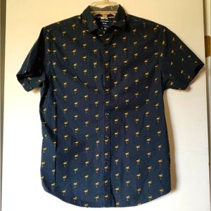 Men's Denim & Flower Navy blue button down slim fit shirt gold flamingo print